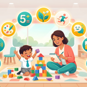 Cheerful preschooler solving puzzles with robots in a sunny Singapore classroom.