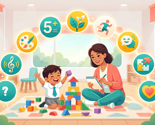 Cheerful preschooler solving puzzles with robots in a sunny Singapore classroom.