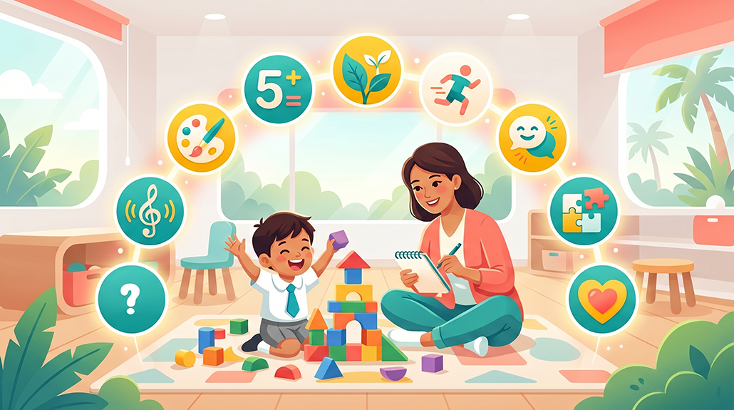 Cheerful preschooler solving puzzles with robots in a sunny Singapore classroom.