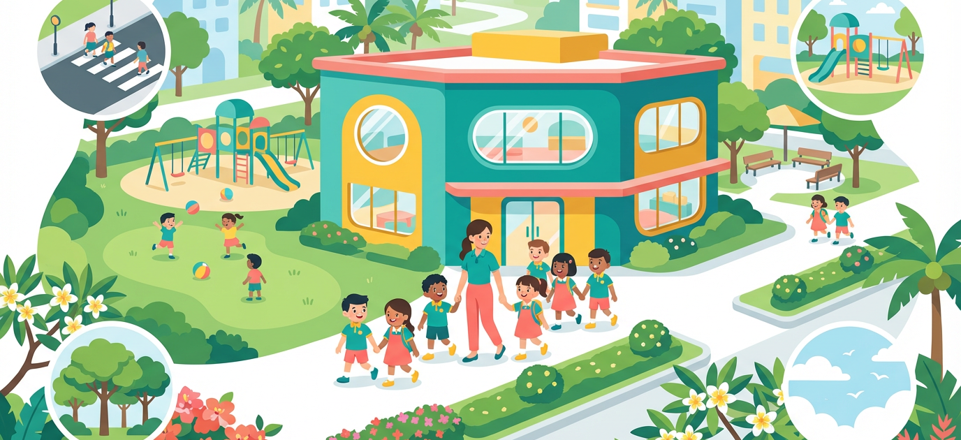 Aerial view of cheerful preschool in lush Singapore neighborhood, children with teacher walking.