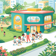 Aerial view of cheerful preschool in lush Singapore neighborhood, children with teacher walking.