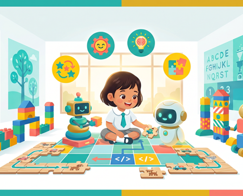 Cheerful preschooler solving puzzles with robots in a sunny Singapore classroom.