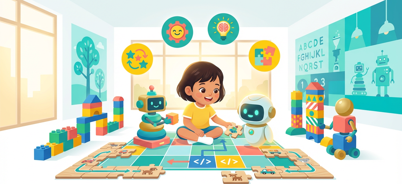 Cheerful preschooler solving puzzles with robots in a sunny Singapore classroom.