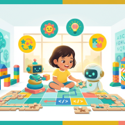 Cheerful preschooler solving puzzles with robots in a sunny Singapore classroom.