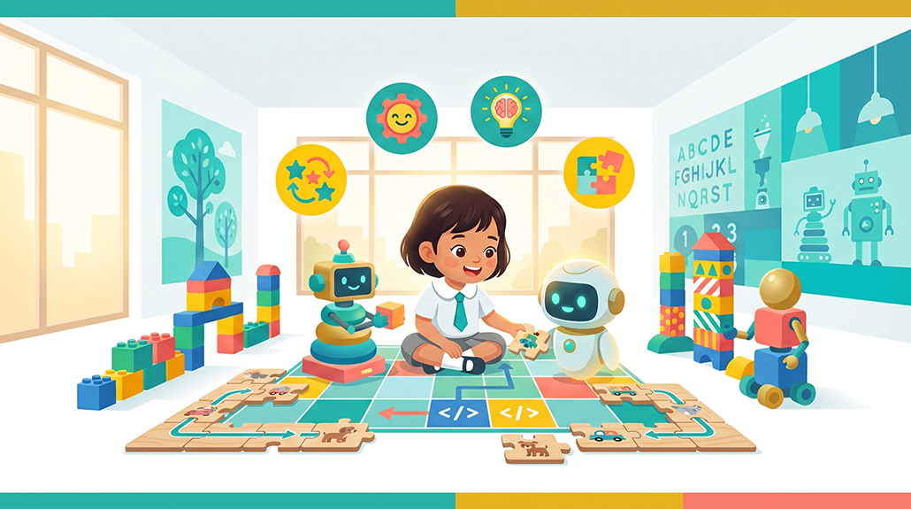 Cheerful preschooler solving puzzles with robots in a sunny Singapore classroom.