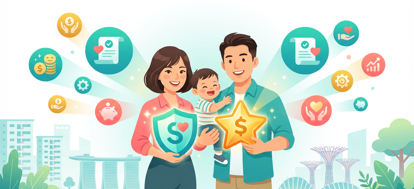 Cheerful Singaporean family with icons of financial support, vibrant preschool scene.