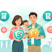 Cheerful Singaporean family with icons of financial support, vibrant preschool scene.