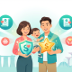 Cheerful Singaporean family with icons of financial support, vibrant preschool scene.