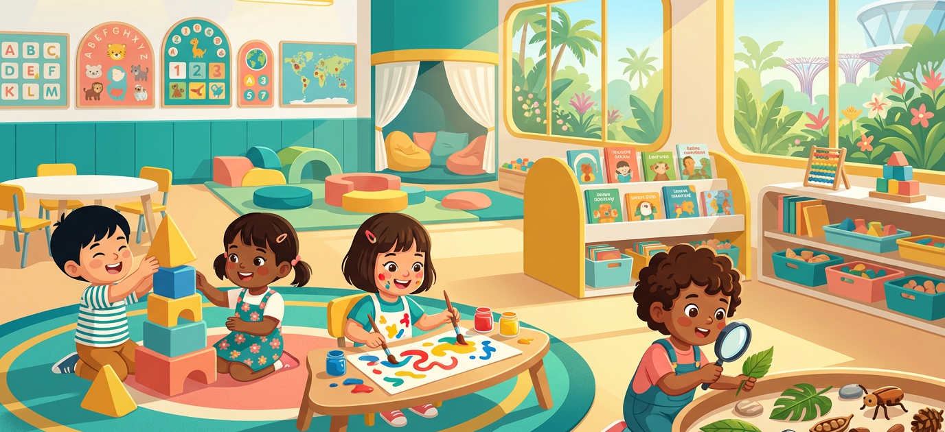 Children of diverse Asian ethnicities joyfully engage in play-based learning in a sunlit Singapore preschool.