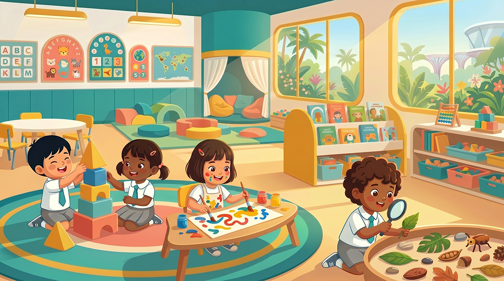 Children of diverse Asian ethnicities joyfully engage in play-based learning in a sunlit Singapore preschool.