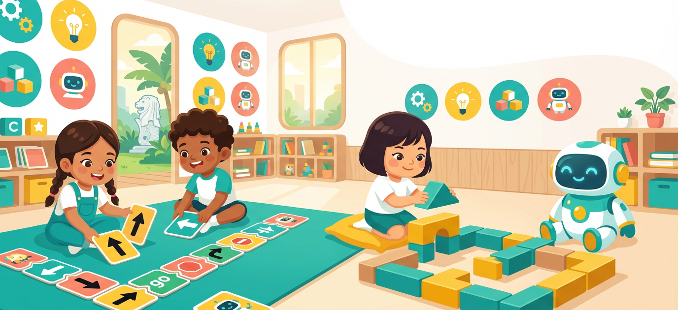 Preschool kids engage in screen-free coding with coding cards and blocks in a bright, modern classroom.