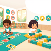 Preschool kids engage in screen-free coding with coding cards and blocks in a bright, modern classroom.