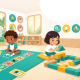 Preschool kids engage in screen-free coding with coding cards and blocks in a bright, modern classroom.
