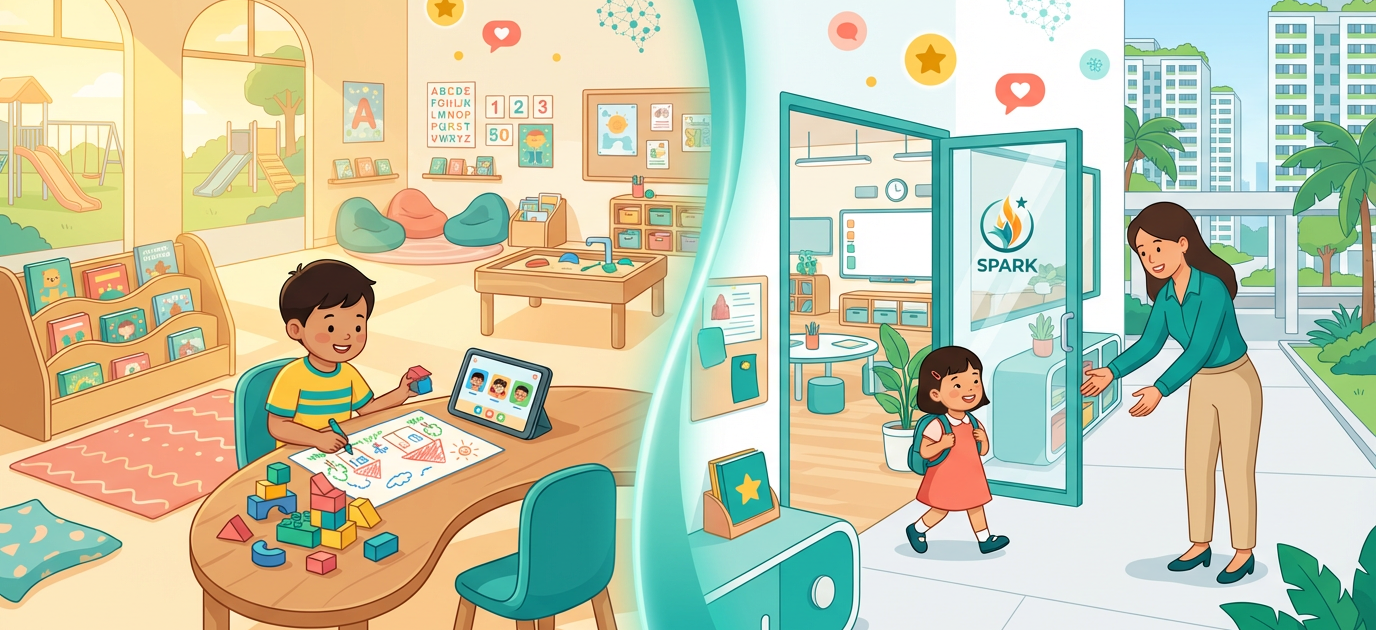 Preschool split-scene: child learning with blocks, other leaving with parent.