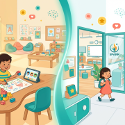 Preschool split-scene: child learning with blocks, other leaving with parent.