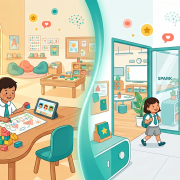 Preschool split-scene: child learning with blocks, other leaving with parent.