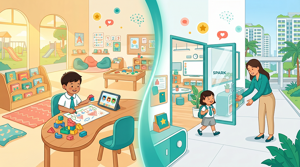 Preschool split-scene: child learning with blocks, other leaving with parent.