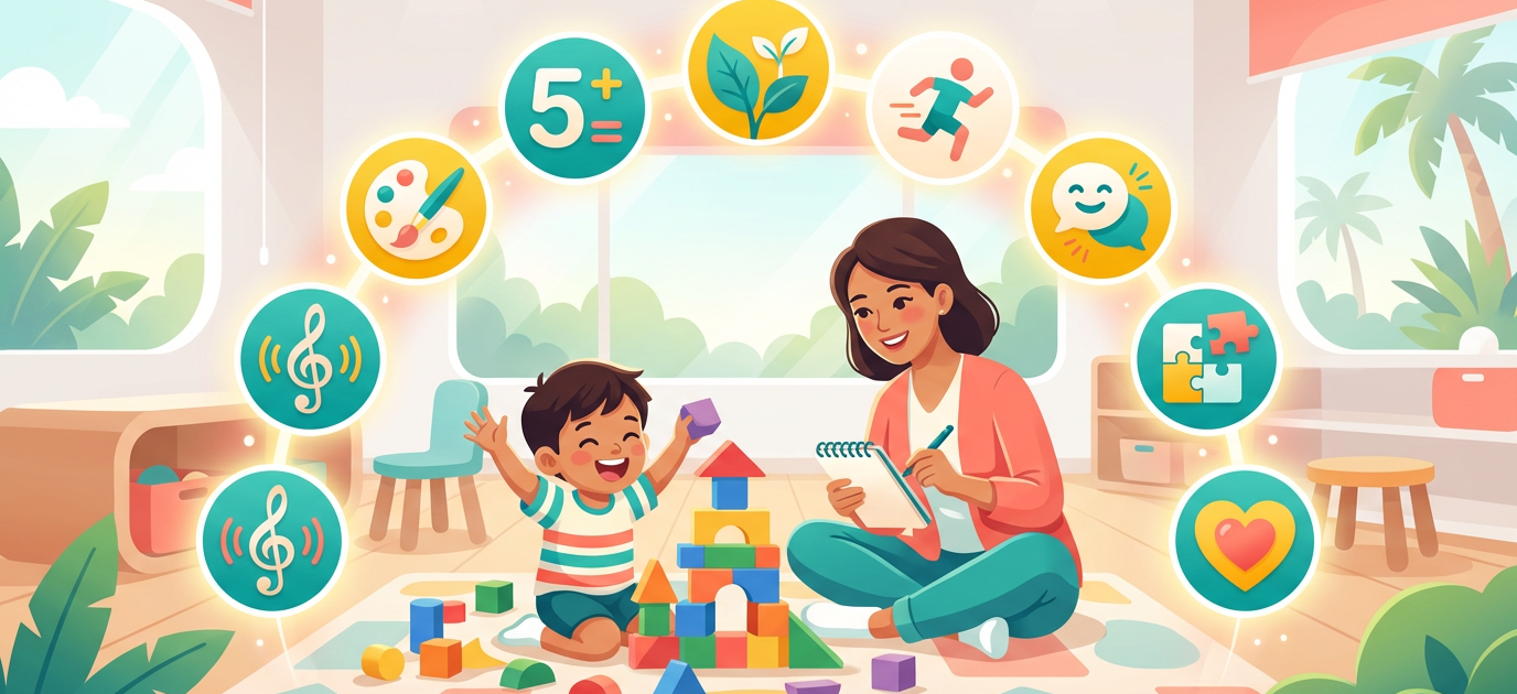 Southeast Asian parent and child in preschool, exploring play with colorful blocks, surrounded by icons of intelligence types in a bright, airy setting.