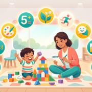 Southeast Asian parent and child in preschool, exploring play with colorful blocks, surrounded by icons of intelligence types in a bright, airy setting.