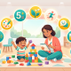 Southeast Asian parent and child in preschool, exploring play with colorful blocks, surrounded by icons of intelligence types in a bright, airy setting.