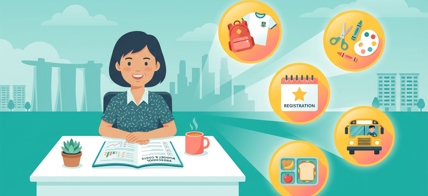 Southeast Asian parent reviews preschool budget, surrounded by colorful icon bubbles in Singapore setting.
