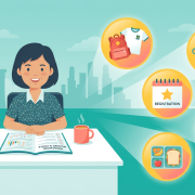 Southeast Asian parent reviews preschool budget, surrounded by colorful icon bubbles in Singapore setting.