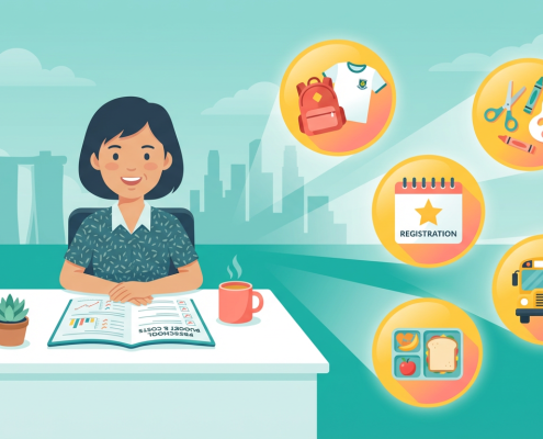 Southeast Asian parent reviews preschool budget, surrounded by colorful icon bubbles in Singapore setting.