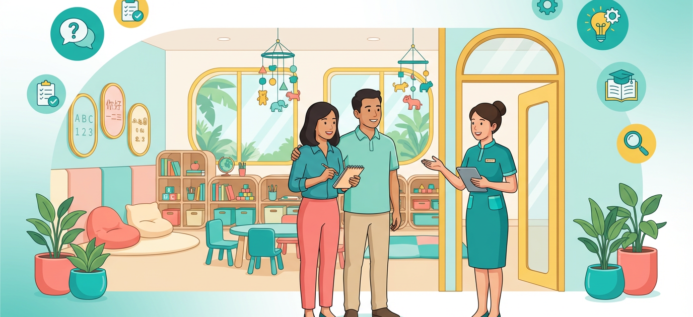 Southeast Asian parents engage with teacher in a bright Singapore preschool classroom.