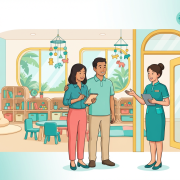 Southeast Asian parents engage with teacher in a bright Singapore preschool classroom.