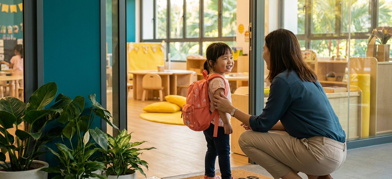 Young child at preschool entrance, smiling back at parent amid colorful classroom setting.