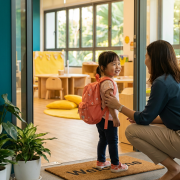 Young child at preschool entrance, smiling back at parent amid colorful classroom setting.