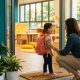 Young child at preschool entrance, smiling back at parent amid colorful classroom setting.