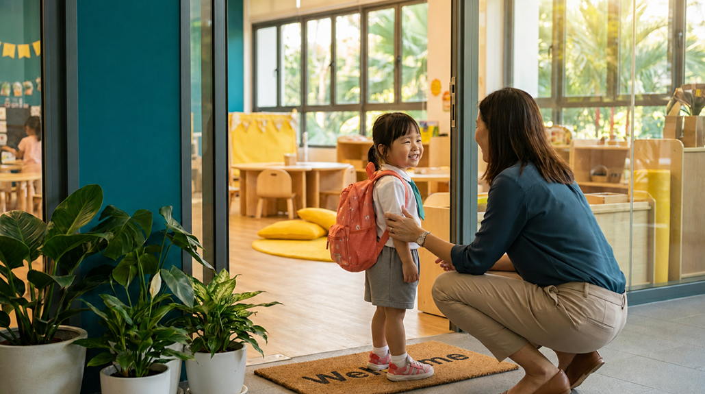 Young child at preschool entrance, smiling back at parent amid colorful classroom setting.