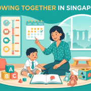 Southeast Asian mother and toddler in Singapore playroom with toys and growth chart.