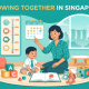 Southeast Asian mother and toddler in Singapore playroom with toys and growth chart.