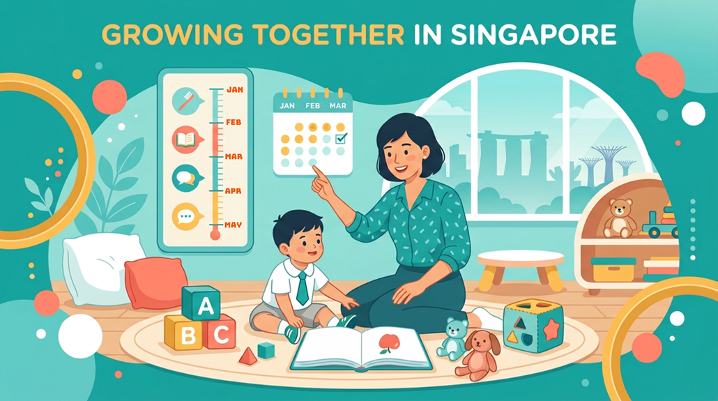 Southeast Asian mother and toddler in Singapore playroom with toys and growth chart.