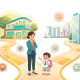 Asian mother at crossroads between Singapore home and CBD, child with backpack, morning glow.
