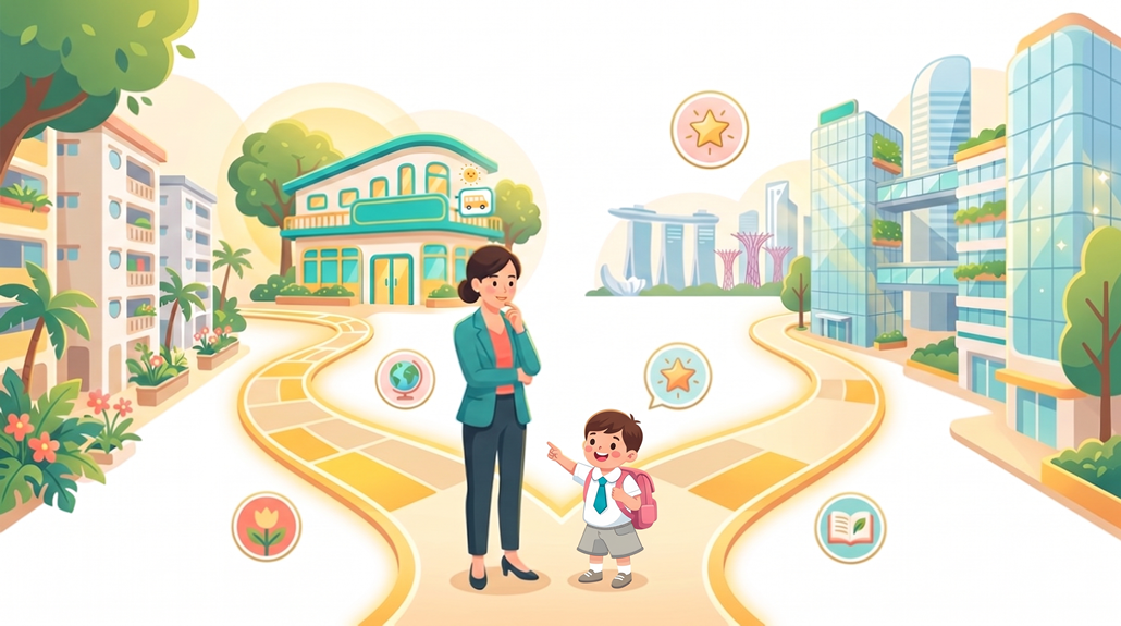 Asian mother at crossroads between Singapore home and CBD, child with backpack, morning glow.