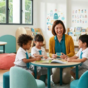 Asian teacher engaging with diverse preschoolers in a colorful Singaporean classroom.