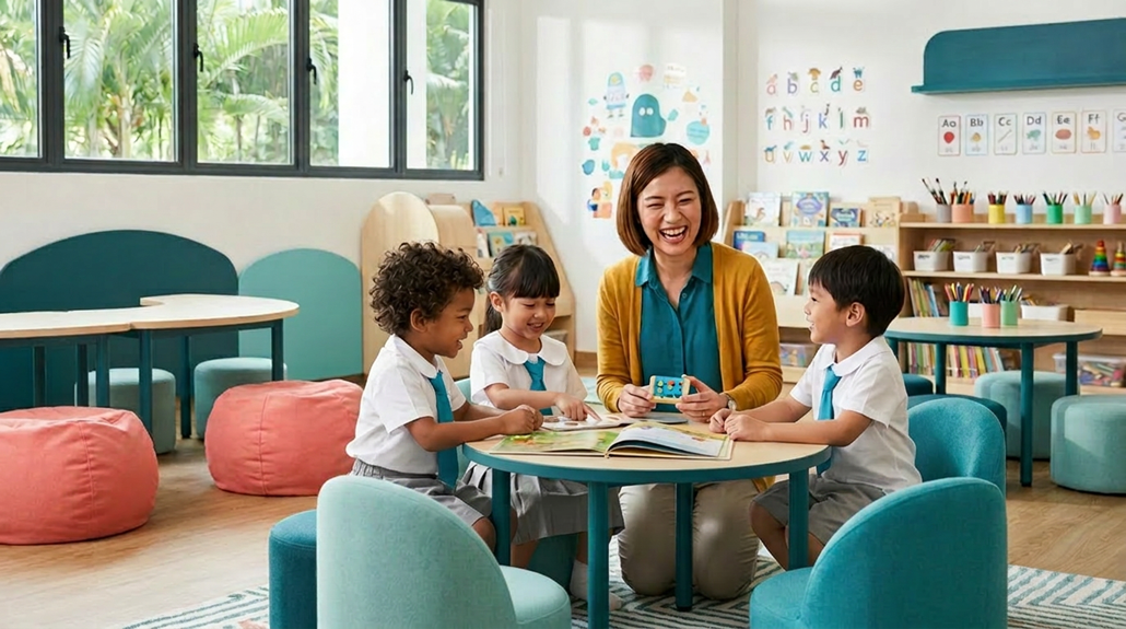 Asian teacher engaging with diverse preschoolers in a colorful Singaporean classroom.