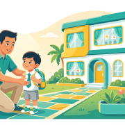 Cheerful child with backpack at Singapore preschool entrance, lush greenery, warm morning light.