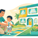 Cheerful child with backpack at Singapore preschool entrance, lush greenery, warm morning light.