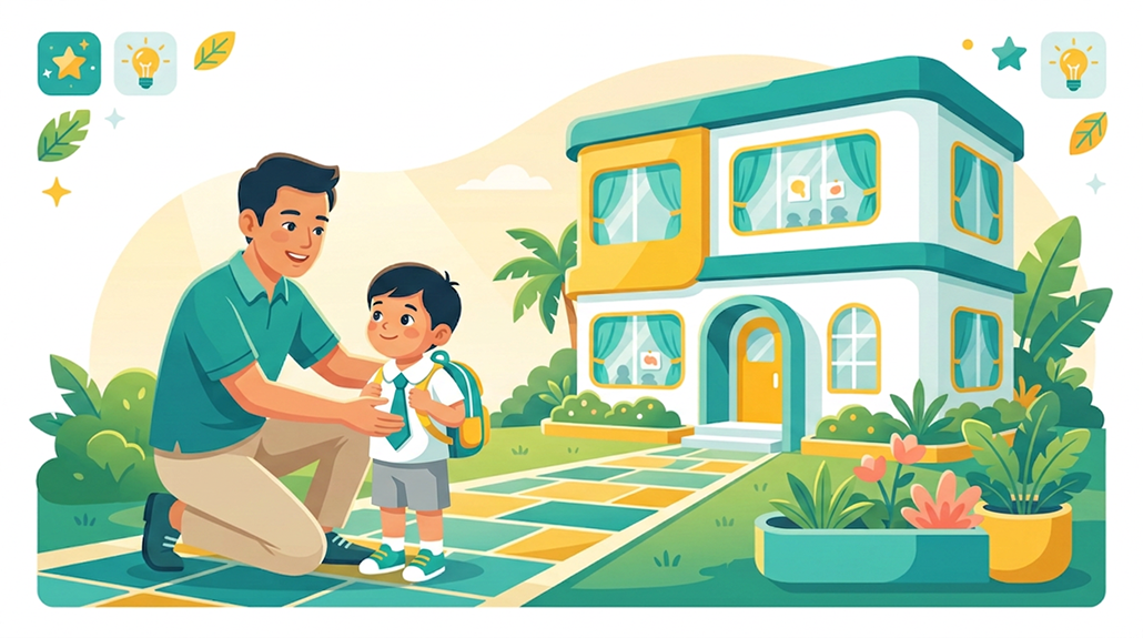 Cheerful child with backpack at Singapore preschool entrance, lush greenery, warm morning light.