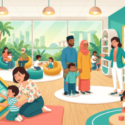 Cheerful parents and children explore a modern Singapore preschool with interactive learning stations.