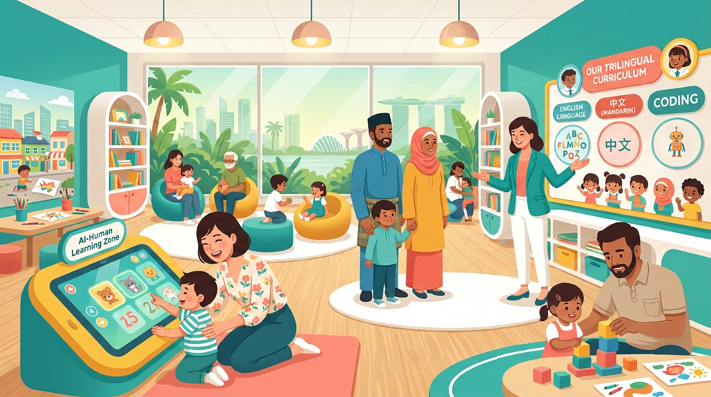 Cheerful parents and children explore a modern Singapore preschool with interactive learning stations.