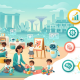 Cheerful Singapore skyline with kids playing in a modern preschool, teacher nearby, tech motifs.