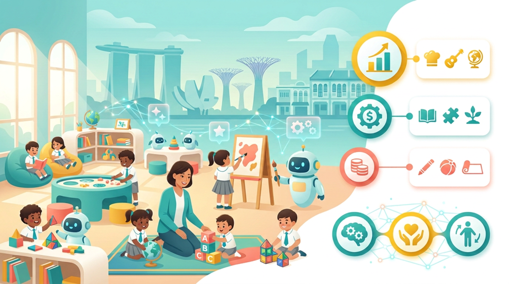 Cheerful Singapore skyline with kids playing in a modern preschool, teacher nearby, tech motifs.