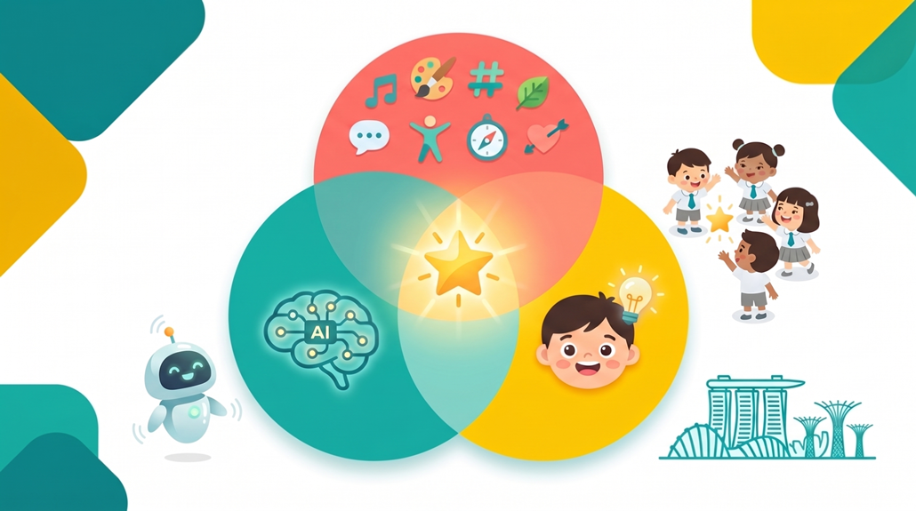 Colourful Venn diagram with icons for AI, creativity, and intelligences, surrounded by preschoolers and Singapore skyline.