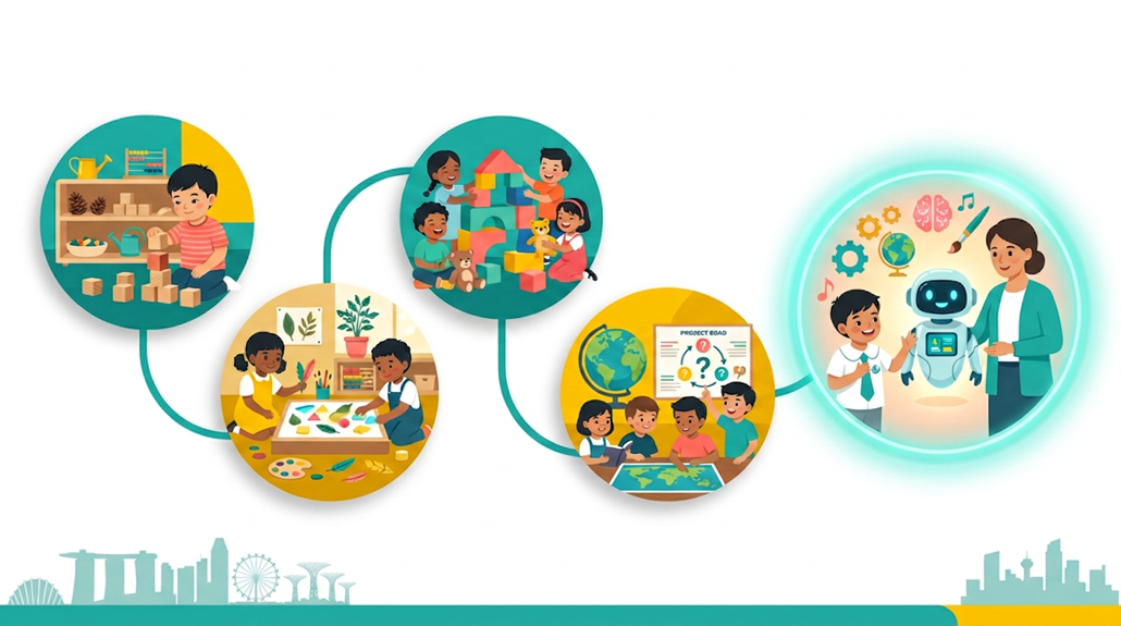 Five circular zones depict preschool curriculums with diverse children, a glowing AI circle, and a Singapore skyline.