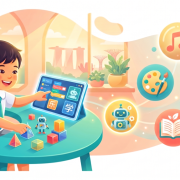 Joyful Singaporean child coding at a desk in a bright classroom, surrounded by enrichment icons.